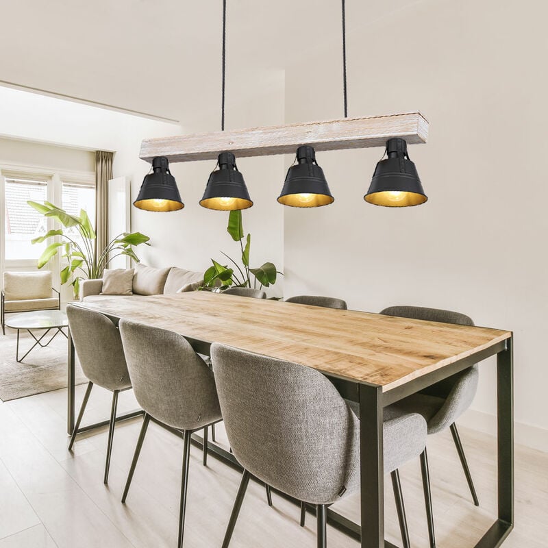 foto del prodotto lampada a sospensione lampada a sospensione lampada a sospensione lampada in legno lampada da sala 4 fiamme industriali, travi in legno metallo