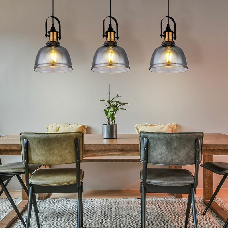foto del prodotto lampada a sospensione lampada a sospensione lampada a sospensione sala da pranzo 3 fiamme, metallo vetro fum ottone, 3 prese e27, lxpxh 83,5x20x120