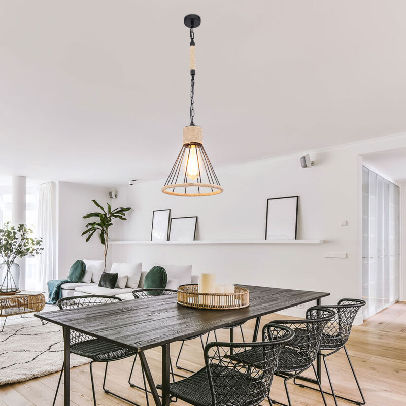 foto del prodotto lampada a sospensione lampada a sospensione lampada a sospensione soffitto sospensione design gabbia, metallo, nero, corda di canapa, marrone,