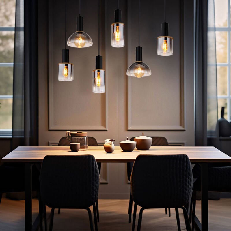 foto del prodotto lampada a sospensione lampada a sospensione lampada da sala da pranzo lampada da soggiorno, metallo vetro fum , 6 prese e27, lxlxh 77x33x120 cm