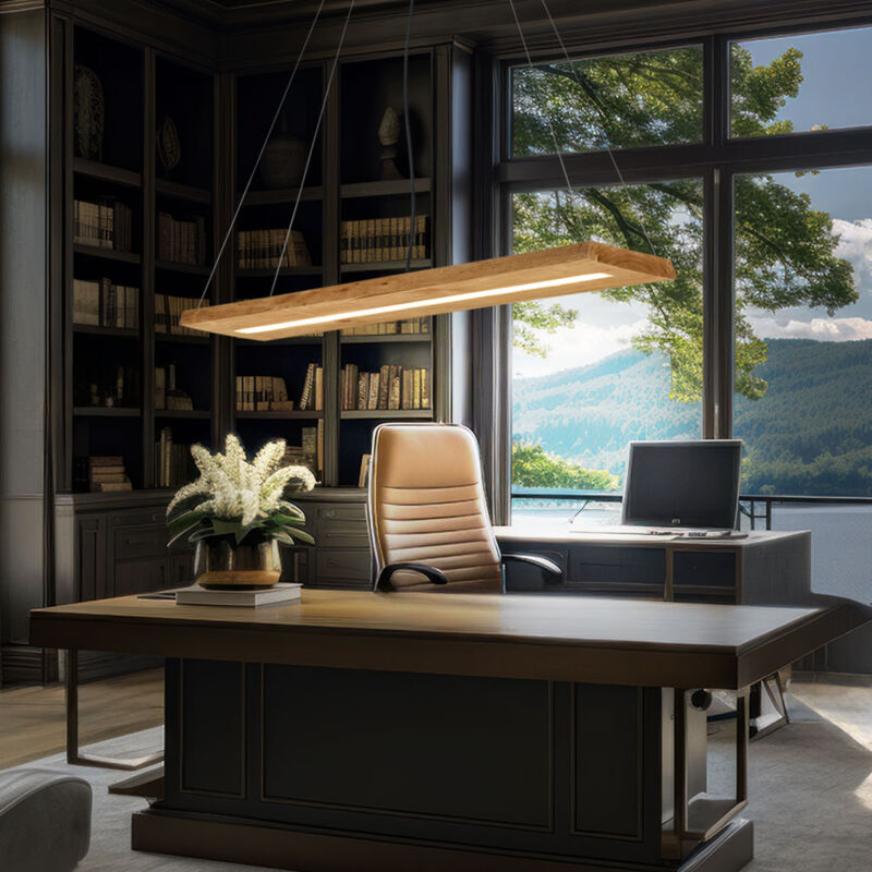 foto del prodotto lampada a sospensione lampada a sospensione lampada da sala da pranzo lampada da soggiorno plafoniera, metallo legno nichel colore naturale, dimmerabile, 1x led 27w 3400lm 3000k bianco caldo, l 150 cm