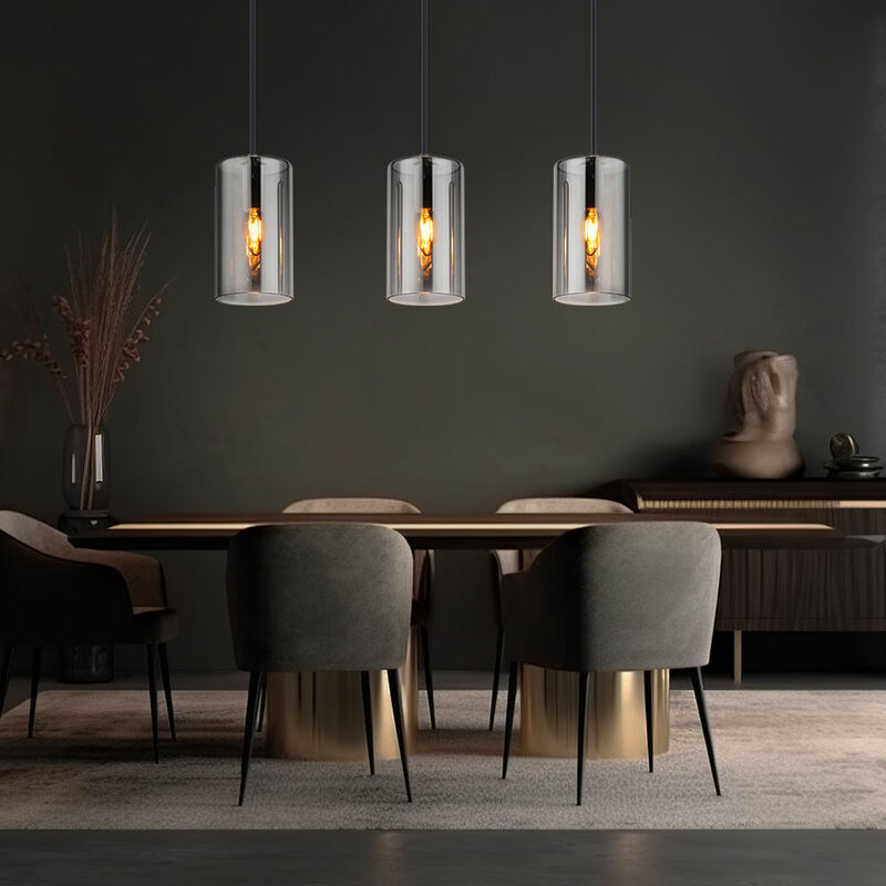 foto del prodotto lampada a sospensione lampada a sospensione lampada da soffitto lampada da tavolo da pranzo 3 fiamme, metallo vetro nero fum , 3x e14, h 120 cm