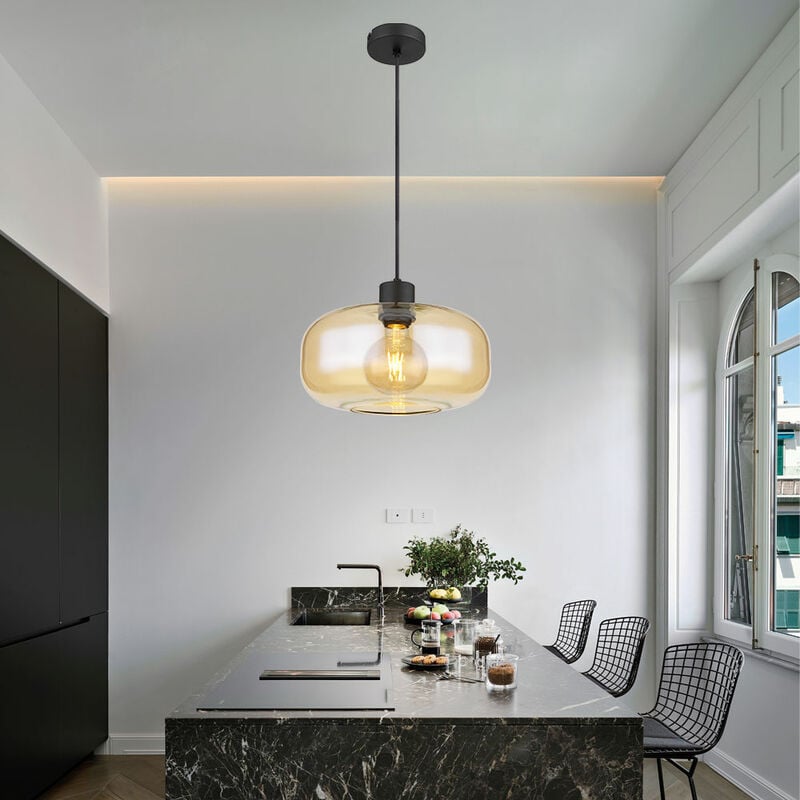 foto del prodotto lampada a sospensione, lampada a sospensione, lampada da soggiorno, ambra, lampada da tavolo da pranzo, moderna, paralume in vetro a bulbo, metallo,