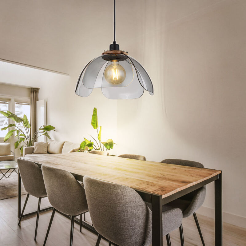 foto del prodotto lampada a sospensione, lampada a sospensione, lampada da soggiorno, lampada da tavolo da pranzo, lampada da cucina, metallo nero, vetro color fum ,
