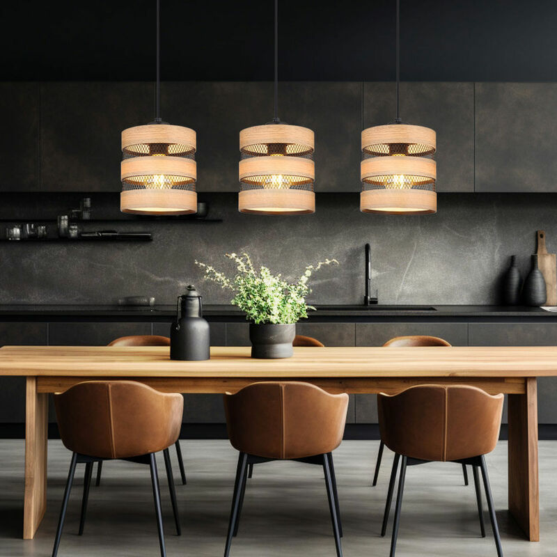 foto del prodotto lampada a sospensione, lampada a sospensione, lampada da soggiorno, sospensione, aspetto legno, griglia, nero lampada a sospensione, rotonda, 3