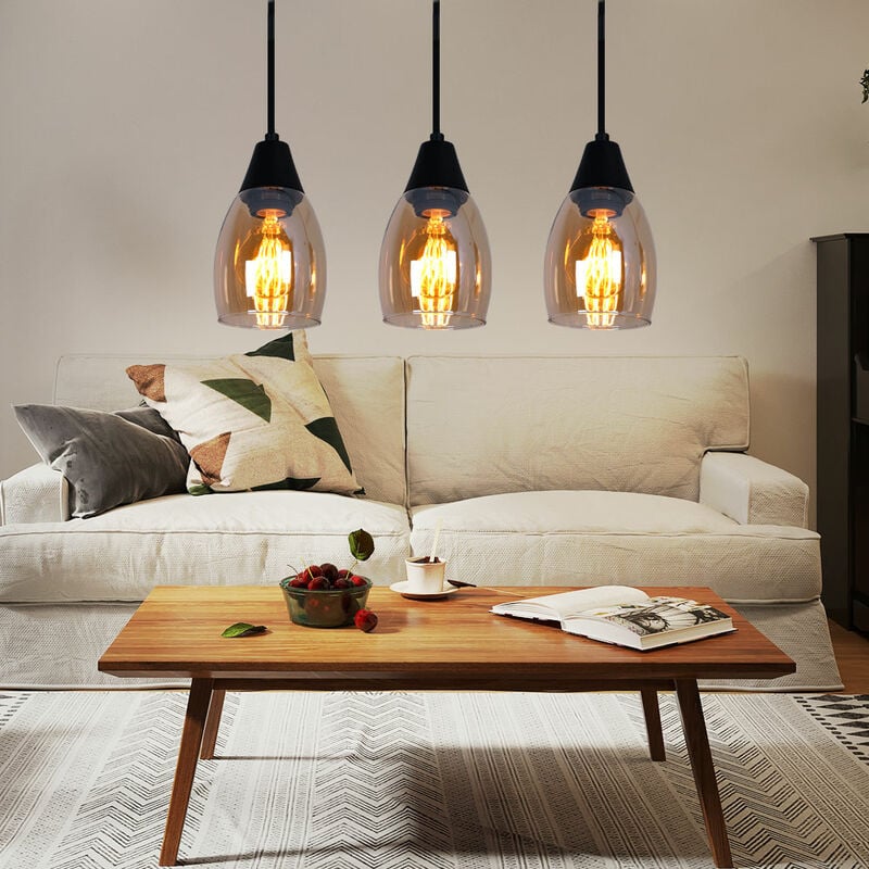 foto del prodotto lampada a sospensione lampada a sospensione lampada da tavolo da pranzo in vetro nero 3 fiamme, metallo ambra, 3 attacchi e27, lxlxa 55x10x120cm