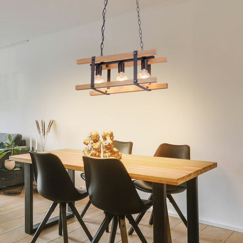 foto del prodotto lampada a sospensione lampada a sospensione lampada in legno lampada da tavolo da pranzo, 3 fiamme, catena in legno metallo nero, attacco 3x e27,