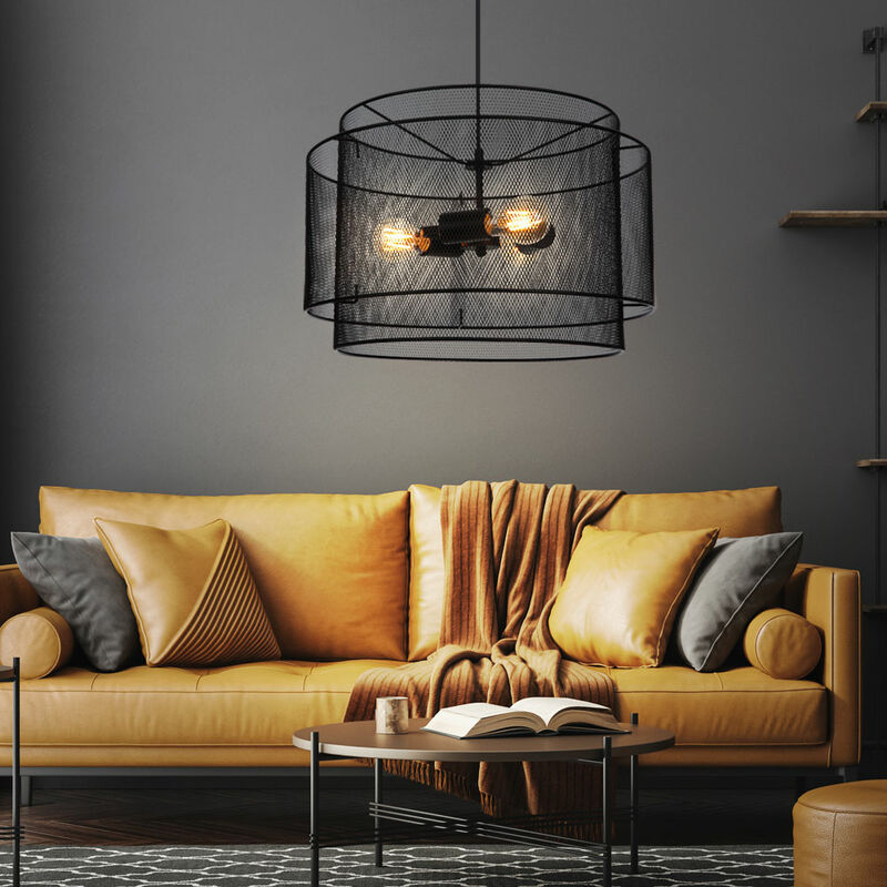 foto del prodotto lampada a sospensione lampada a sospensione nera griglia luminosa rotonda sala da pranzo industriale, metallo, 3 prese e27, dxh 45x120 cm
