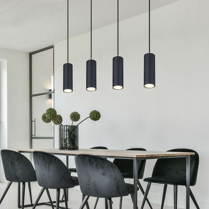 foto del prodotto lampada a sospensione, lampada a sospensione, nero, plafoniera, 4 fiamme, tavolo da pranzo, lampada da camera, sospensione, metallo opaco, 4 prese in