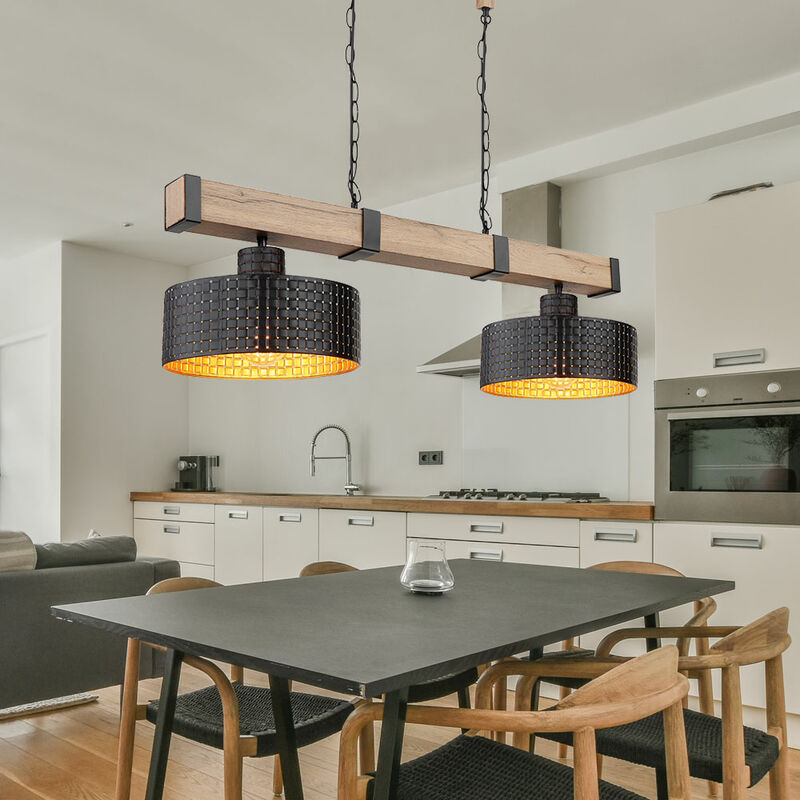 foto del prodotto lampada a sospensione lampada a sospensione per sala da pranzo lampada a sospensione nero oro legno 2 fiamme, metallo mdf, 2x prese e27, lxlxh