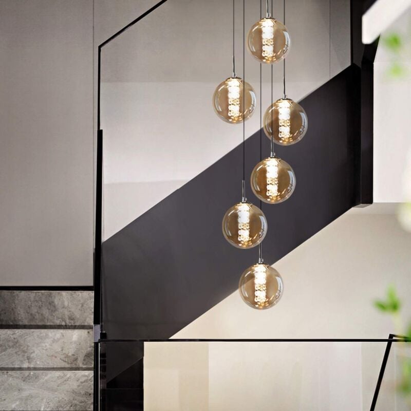 foto del prodotto lampada a sospensione, lampada a sospensione per tavolo da pranzo, altezza regolabile, lampada a sospensione a sfera con 6 fiamme in vetro ambrato,