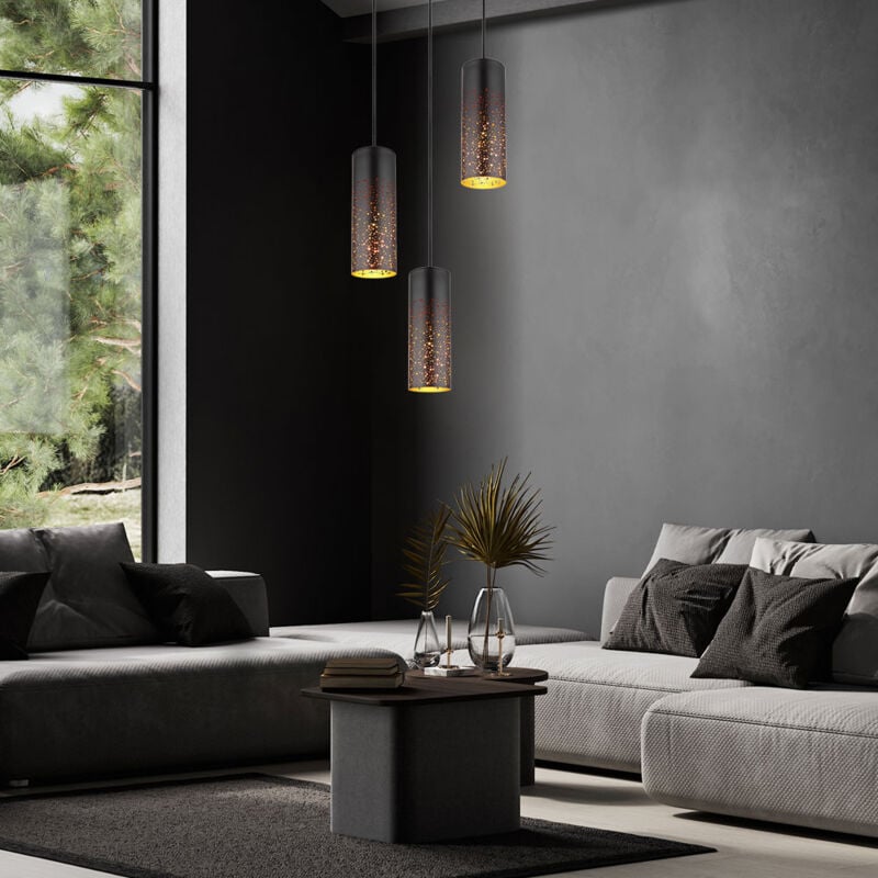 foto del prodotto lampada a sospensione lampada a sospensione plafoniera in metallo nero oro 3 lampadine