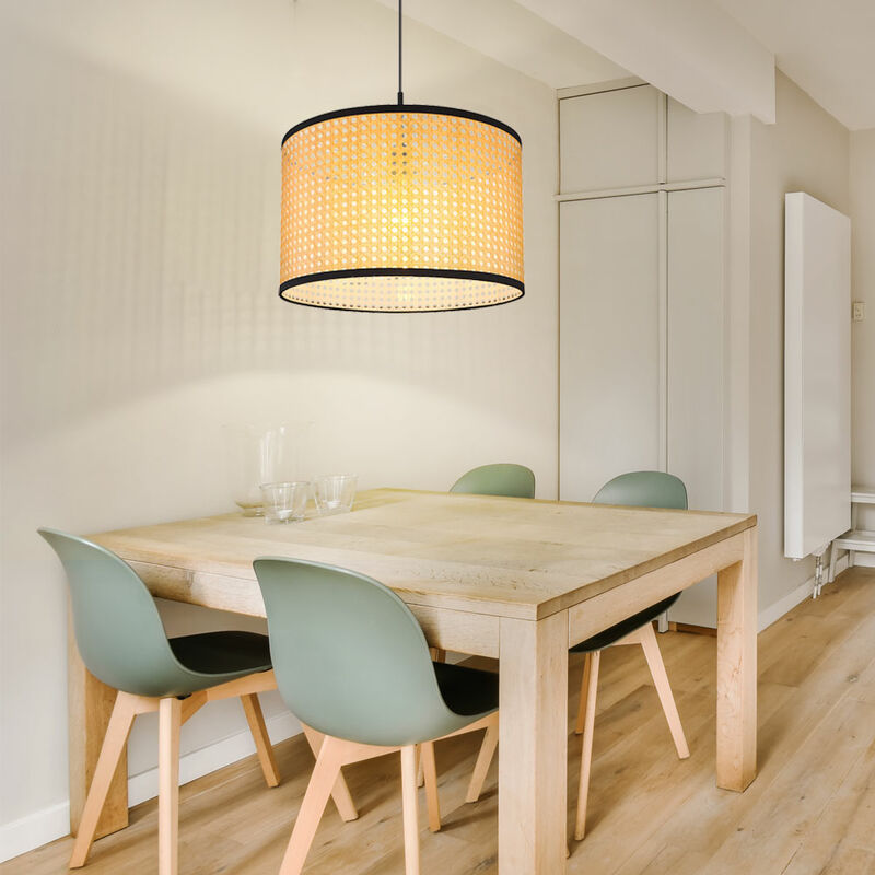 foto del prodotto lampada a sospensione lampada a sospensione plafoniera soggiorno lampada a sospensione ottica in vimini in colori naturali, metallo nero, 1x e27, dxh