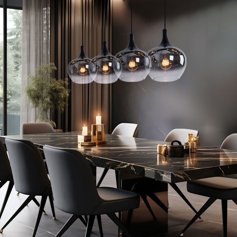 foto del prodotto lampada a sospensione lampada a sospensione sala da pranzo lampada a sospensione paralume in vetro fum , metallo nero, prese 4x e27, lxlxa 100x18x120