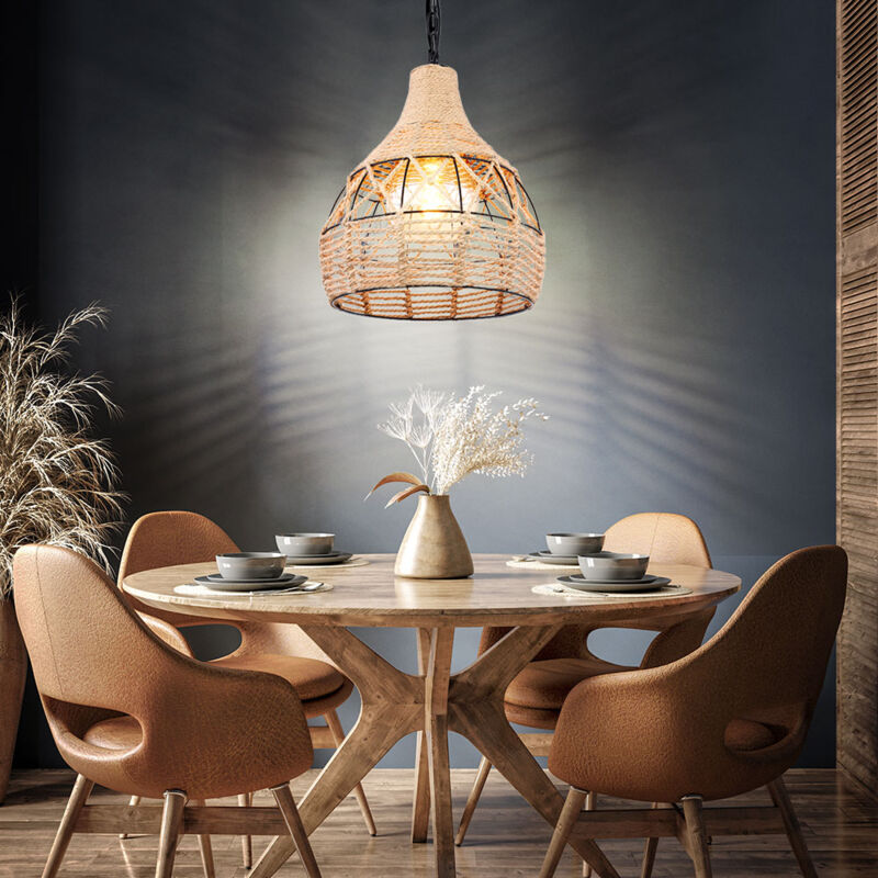 foto del prodotto lampada a sospensione lampada a sospensione sala da pranzo lampada da soffitto in corda di canapa lampada a sfera in metallo, metallo nero marrone,