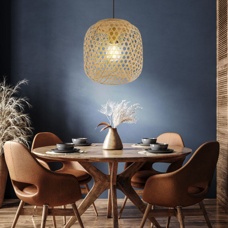 foto del prodotto lampada a sospensione lampada a sospensione tavolo da pranzo luce a sospensione bamb look boho in colore naturale, metallo nero, 1x e27, dxh 23x135