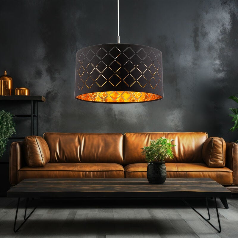 foto del prodotto lampada a sospensione lampada a sospensione tavolo da pranzo nero lampada da soggiorno moderna, paralume in tessuto rotondo, metallo oro, dxh 40x140