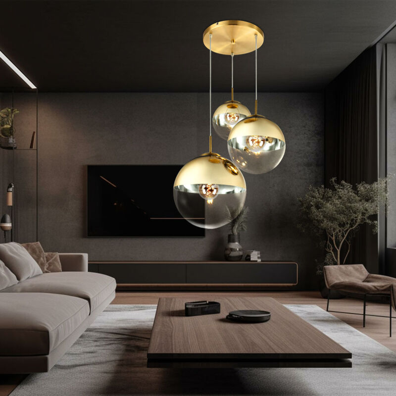 foto del prodotto lampada a sospensione lampada a sospensione vetro 3 fiamme lampada a sospensione sfera di vetro color oro lampada da tavolo da pranzo sfera di vetro,