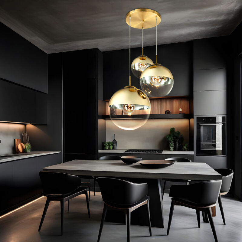 foto del prodotto lampada a sospensione lampada a sospensione vetro 3 fiamme lampada a sospensione sfera di vetro color oro lampada da tavolo da pranzo sfera di vetro,
