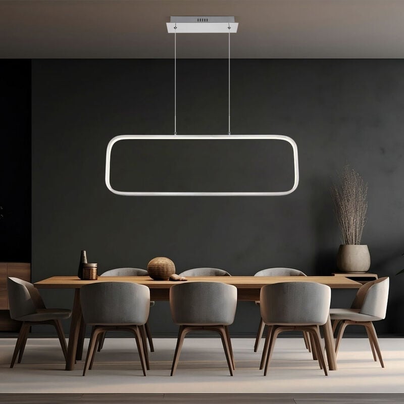 foto del prodotto lampada a sospensione lampada da camera argento lampada opale, cornice led rettangolare, metallo, led 24w 1400lm 3000k bianco caldo, lxpxh 80x10x120cm