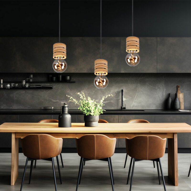 foto del prodotto lampada a sospensione lampada da sala da pranzo, 3 lampadine aspetto legno mdf metallo nero retr , attacchi e27, dxh 35,5x120 cm