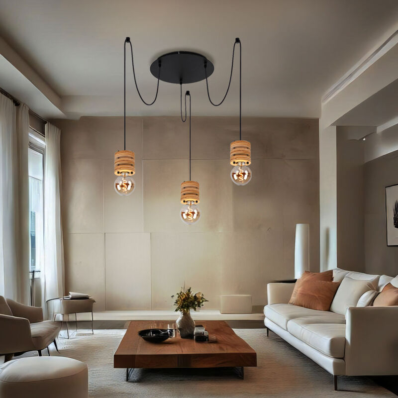 foto del prodotto lampada a sospensione lampada da sala da pranzo, 3 lampadine aspetto legno mdf metallo nero retr , attacchi e27, dxh 35,5x120 cm