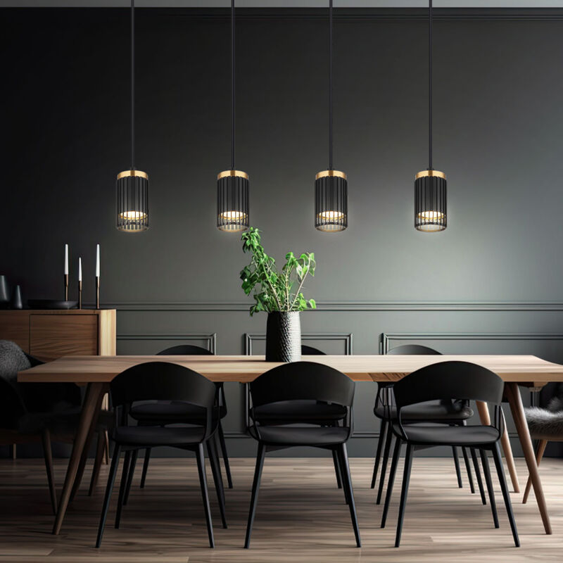 foto del prodotto lampada a sospensione lampada da sala da pranzo 4 fiamme nere color oro, metallo alluminio, 4x prese gu10, lxlxh 60x6x120 cm