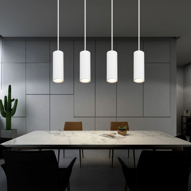 foto del prodotto lampada a sospensione, lampada da sala da pranzo, lampada a sospensione, 4 fiamme, lampada a sospensione moderna, metallo bianco, 4 prese gu10, lxlxa