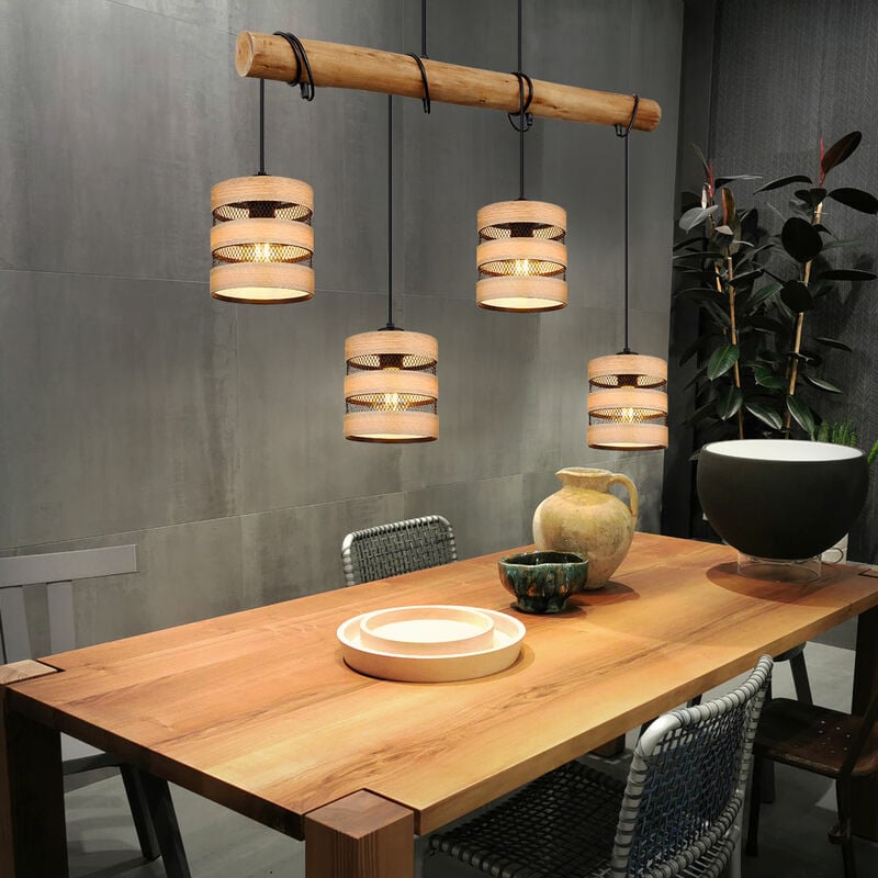 foto del prodotto lampada a sospensione lampada da sala da pranzo lampada a sospensione aspetto legno griglia nera lampada a sospensione rotonda 4 fiamme, metallo mdf,