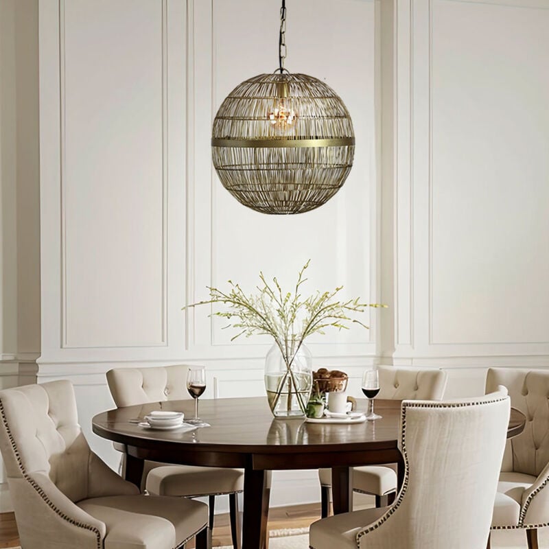 foto del prodotto lampada a sospensione lampada da sala da pranzo lampada da cucina globo in ottone antico 1 fiamma, maglia metallica, 1x e27, h 120 cm
