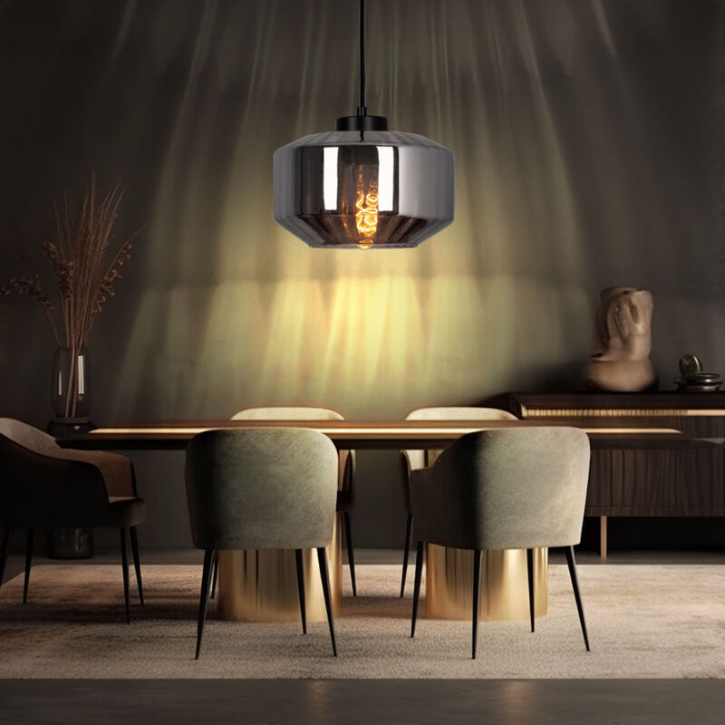 foto del prodotto lampada a sospensione lampada da sala da pranzo, pendolo moderno con paralume in vetro color fumo, bulbo, metallo, nero opaco, 1x e27, pxh 24x120 cm