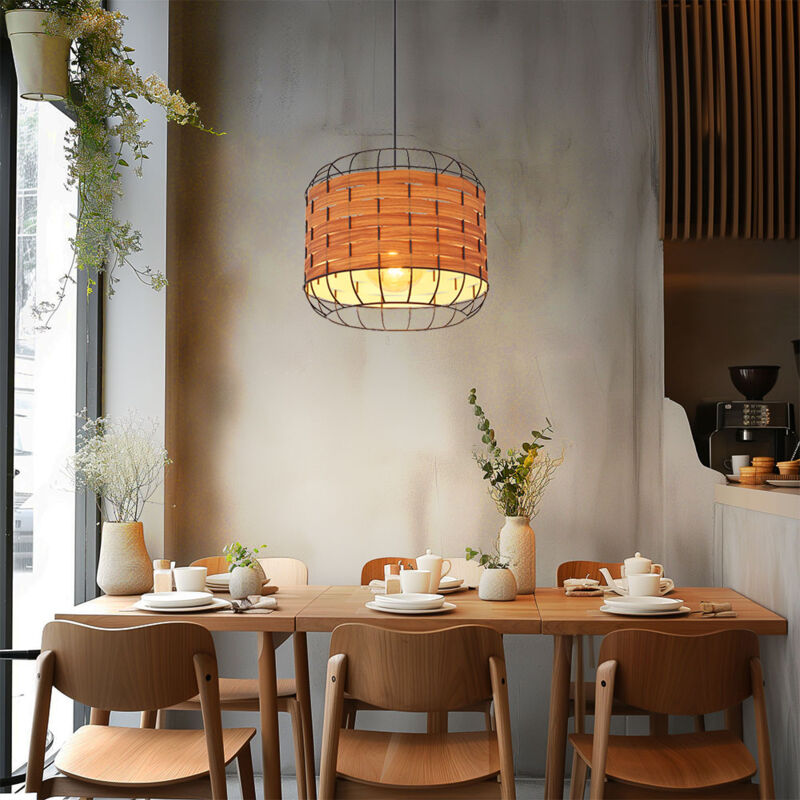 foto del prodotto lampada a sospensione lampada da sala da pranzo rustica effetto legno lampada a sospensione con paralume a griglia, metallo, nero, opaco, 1x attacco