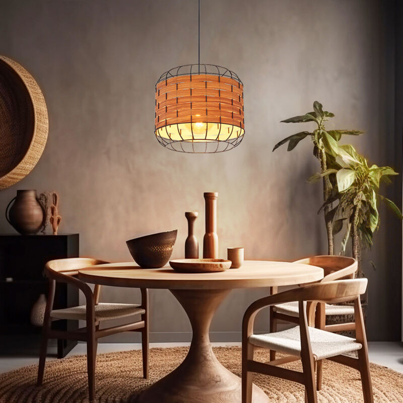 foto del prodotto lampada a sospensione lampada da sala da pranzo rustica effetto legno lampada a sospensione con paralume a griglia, metallo, nero, opaco, 1x attacco
