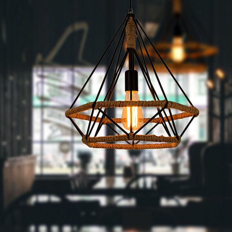 foto del prodotto lampada a sospensione, lampada da soffitto in corda di canapa, plafoniere in retro stile con 25cm gabbia di diamante per soggiorno sala da pranzo