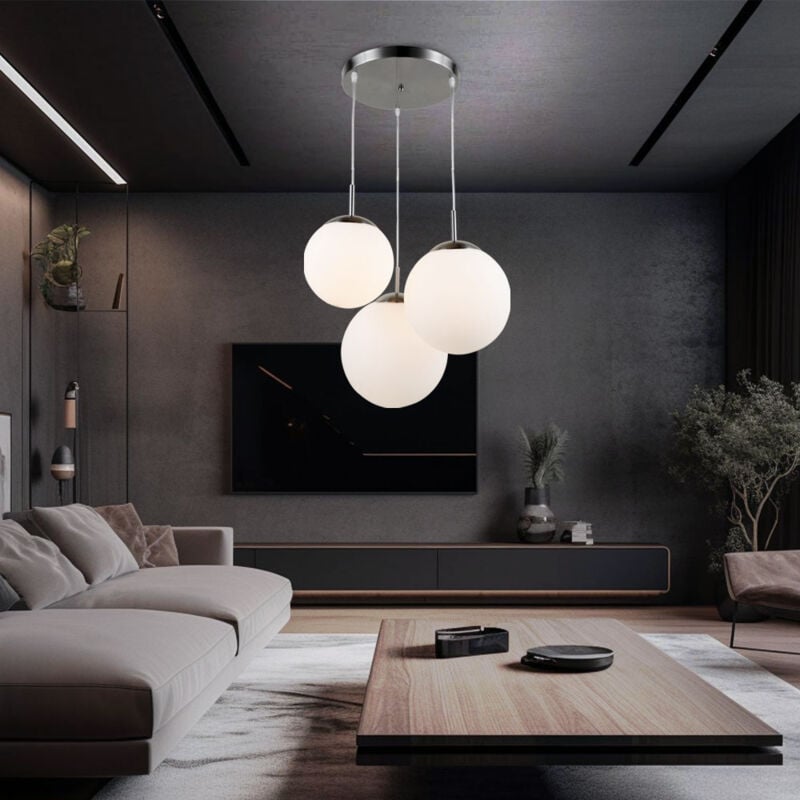 foto del prodotto lampada a sospensione lampada da soggiorno lampada a sospensione a sfera in vetro con paralumi di diverse dimensioni, metallo, 3x led 8 w 806lm