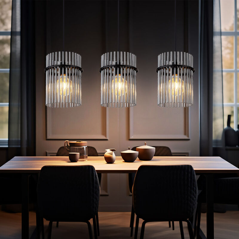 foto del prodotto lampada a sospensione lampada da soggiorno lampada a sospensione lampada da sala da pranzo plafoniera, metallo nero, aste in vetro fum , 3 lampadine
