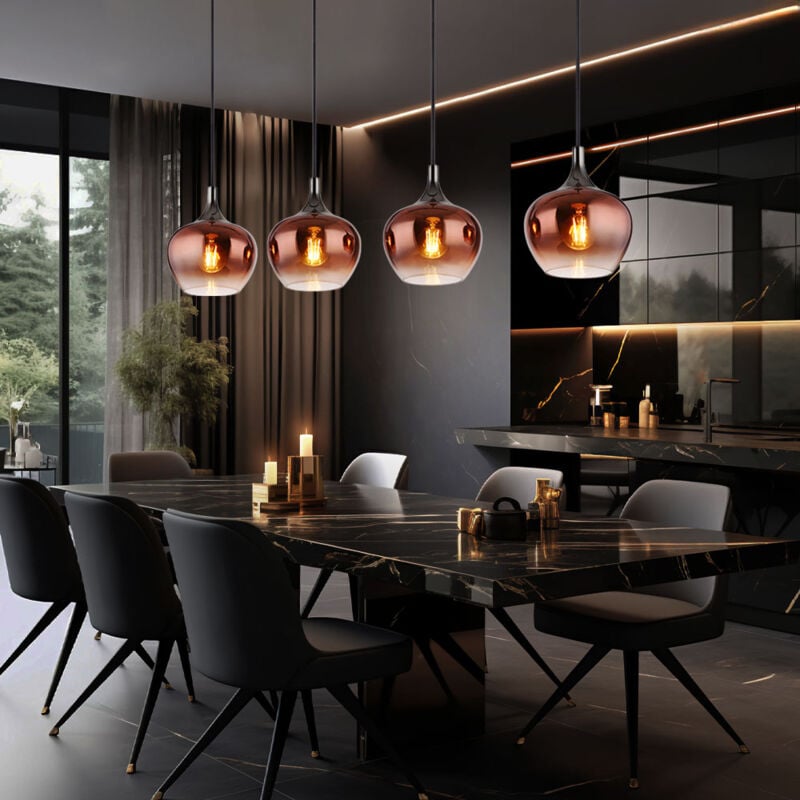 foto del prodotto lampada a sospensione, lampada da soggiorno, lampada da pranzo, lampada da cucina, lampada da soffitto, metallo, vetro, color rame, nero, 4 lampadine