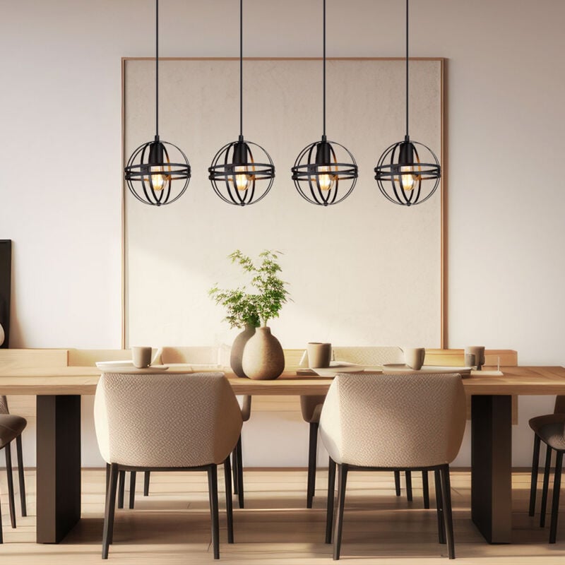 foto del prodotto lampada a sospensione, lampada da tavolo da pranzo, 4 fiamme, design industriale, regolabile in altezza, metallo, nero, 4x e27, lxlxa 100x20x120 cm
