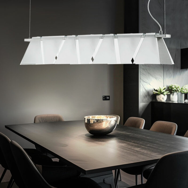 foto del prodotto lampada a sospensione lampada da tavolo da pranzo in vetro, lampada da soggiorno, acciaio nichel opaco, trasparente satinato, 7x g9, lxh 95x110 cm
