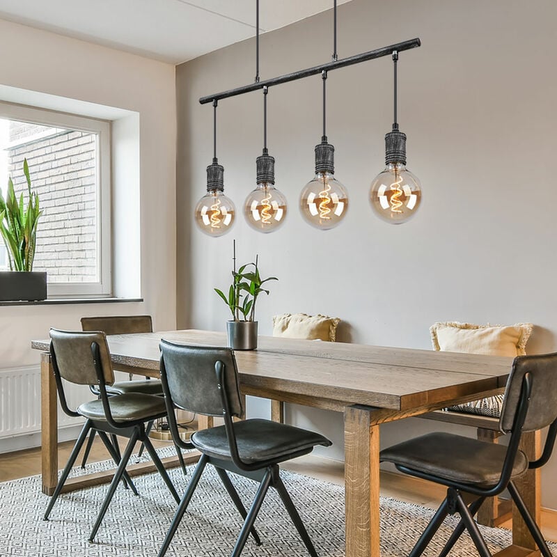 foto del prodotto lampada a sospensione, lampada da tavolo da pranzo, lampada a sospensione industriale, soggiorno, 4 luci, metallo grigio antico, 4x e27, lxh 90x120 cm