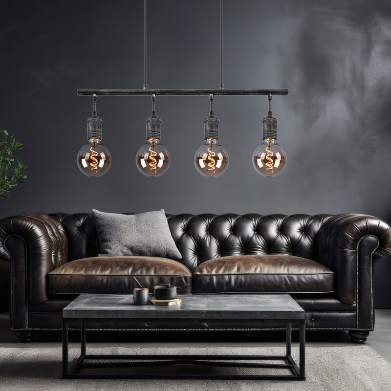 foto del prodotto lampada a sospensione, lampada da tavolo da pranzo, lampada a sospensione industriale, soggiorno, 4 luci, metallo grigio antico, 4x e27, lxh 90x120 cm
