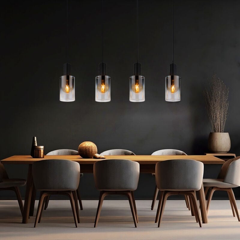 foto del prodotto lampada a sospensione, lampada da tavolo da pranzo, lampada da soggiorno, lampada a sospensione, 4 lampadine, vetro fum , metallo nero, attacchi e27,