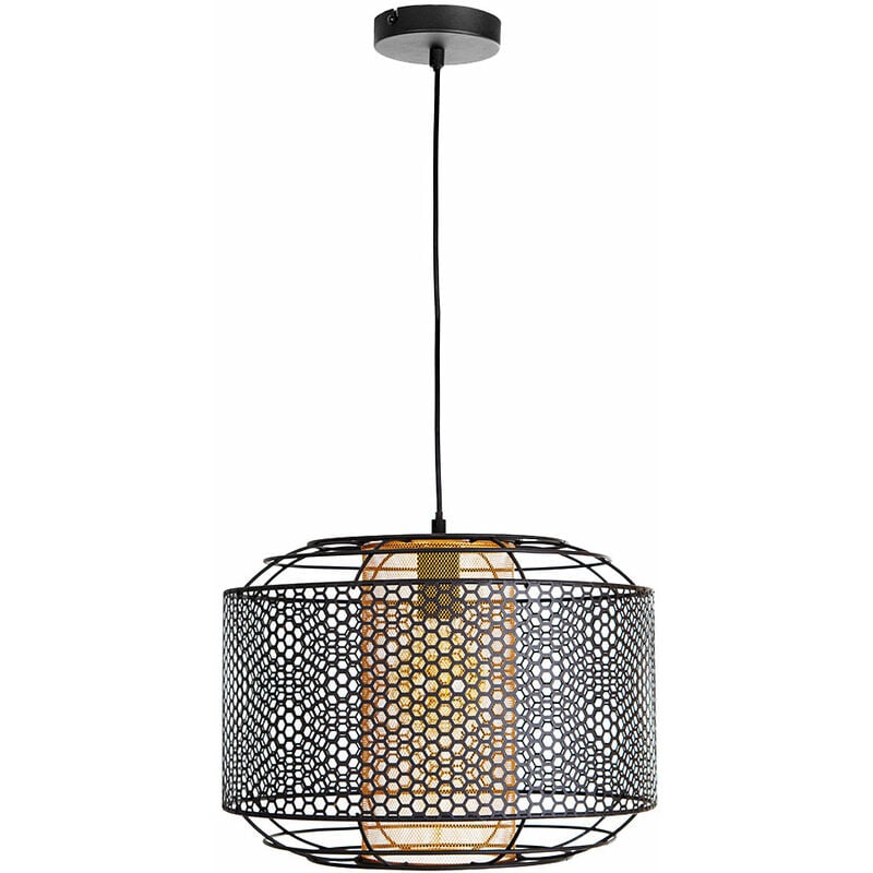 foto del prodotto lampada a sospensione, lampada da tavolo da pranzo, lampada da soggiorno, lampada da cucina, griglia metallica nera, cilindro color oro, 1x e27, h