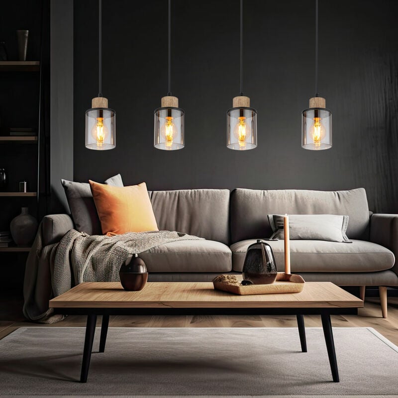 foto del prodotto lampada a sospensione lampada da tavolo da pranzo nera, lampada a sospensione in vetro fum a 4 fiamme, metallo nero opaco, legno, 4x e27, lxlxh