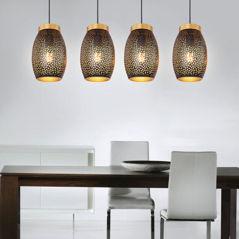 foto del prodotto lampada a sospensione, lampada da tavolo da pranzo, orientale, 4 fiamme, punzonatura decorativa, metallo, oro nero, 4x e27, lxlxa 90x15x120 cm