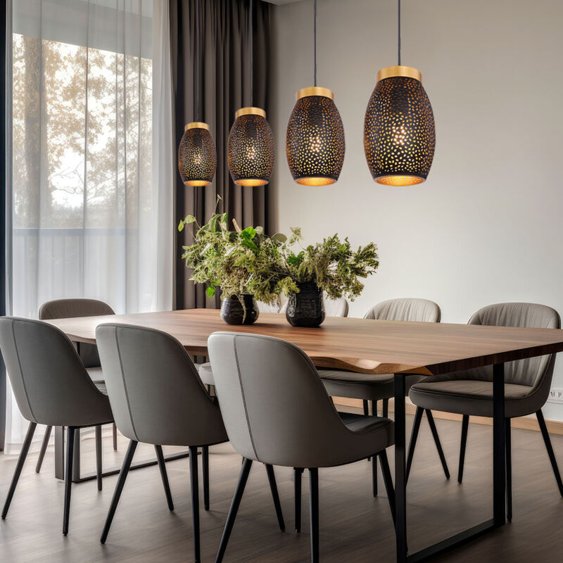 foto del prodotto lampada a sospensione, lampada da tavolo da pranzo, orientale, 4 fiamme, punzonatura decorativa, metallo, oro nero, 4x e27, lxlxa 90x15x120 cm