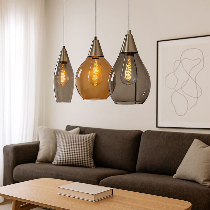 foto del prodotto lampada a sospensione lampada da tavolo lampada a sospensione soggiorno 3 fiamme, metallo vetro, 3x prese e27, lxh 90x150 cm