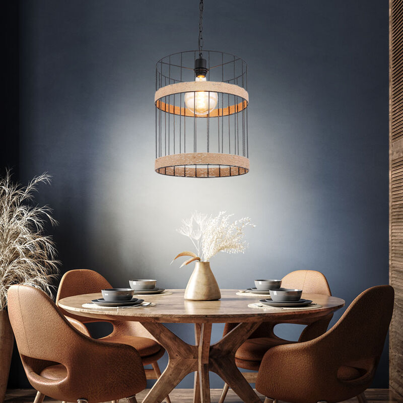 foto del prodotto lampada a sospensione lampada da tavolo lampada industriale a sospensione lampada da soggiorno, griglia metallica nera, corda di canapa, 1x e27, dxh
