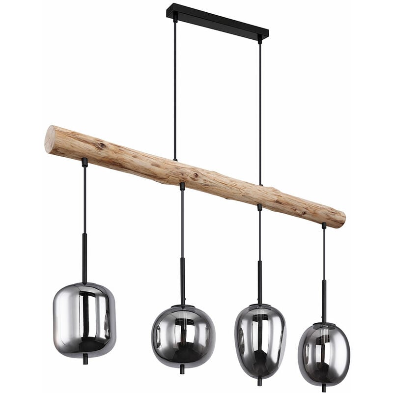 foto del prodotto lampada a sospensione, lampada in legno, 4 fiamme, paralume in vetro, color fumo, lampada a sospensione, lampada da soggiorno, vetro in metallo, nero