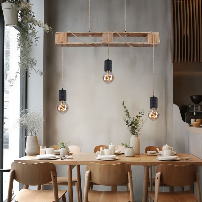 foto del prodotto lampada a sospensione lampada in legno lampada da tavolo da pranzo a 3 fiamme design pallet lampada a sospensione regolabile, metallo legno, marrone